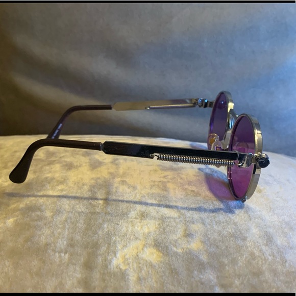 NEW! Purple Round Lens Sunglasses Silver Designed Metal Spring Sides - Picture 6 of 14
